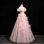 Chic / Beautiful Blushing Pink Appliques Pearl Prom Dresses 2025 A-Line / Princess Off-The-Shoulder Short Sleeve Backless Floor-Length / Long Prom Formal Dresses