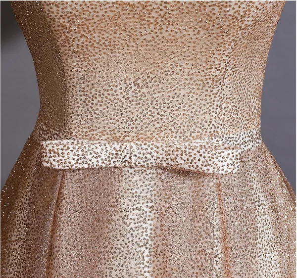 Dazzling Gold Sequins Rhinestone Bow Sash Evening Dresses 2026 A-Line / Princess Scoop Neck Cap Sleeves Backless