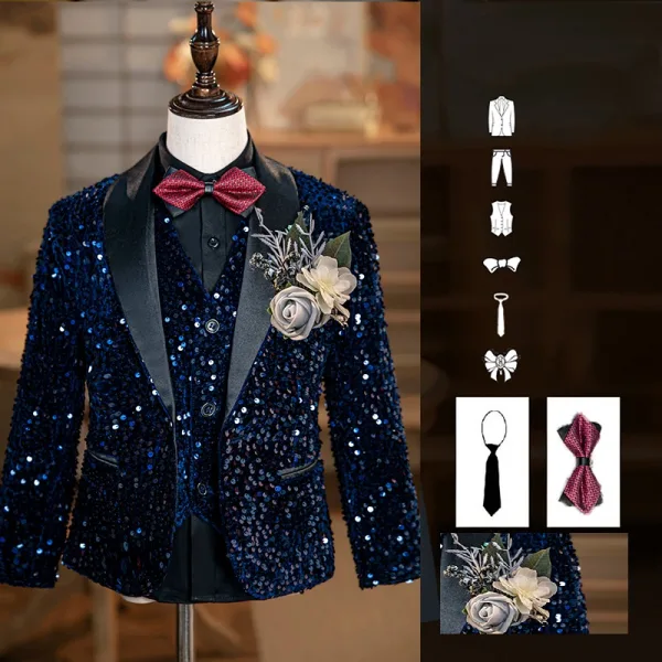 Navy Blue Sequins 6-piece Long Sleeve Wedding Boys Wedding Suits 2024 Body Jewellery Coat Pants Shirt Tie Vest