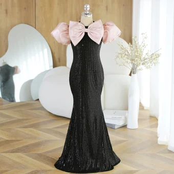 Sparkly Black Sequins Birthday Flower Girl Dresses 2023 Trumpet Mermaid Scoop Neck Bow Puffy Short Sleeve Floor Length Long Flower Girl Dresses
