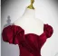 Elegant Burgundy Satin Prom Dresses 2025 A-Line / Princess Off-The-Shoulder Ruffle Short Sleeve Backless Floor-Length / Long Prom Formal Dresses