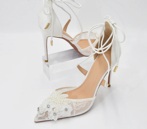 Elegant White Beading Pearl Rhinestone Lace Flower Wedding Shoes 2024 X-Strap 10 cm Stiletto Heels Pointed Toe Wedding Sandals High Heels