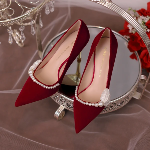 Chic / Belle Bordeaux Perle Chaussure De Mariée 2023 8 cm Talons Aiguilles À Bout Pointu Mariage Escarpins Talons Hauts
