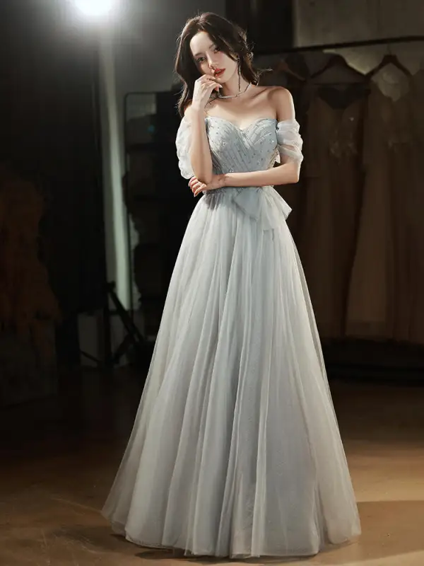 Charming Sky Blue Beading Evening Dresses 2022 A-Line / Princess Off-The-Shoulder Sleeveless Backless Floor-Length / Long Evening Party Formal Dresses