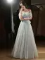 Charming Sky Blue Beading Evening Dresses 2022 A-Line / Princess Off-The-Shoulder Sleeveless Backless Floor-Length / Long Evening Party Formal Dresses