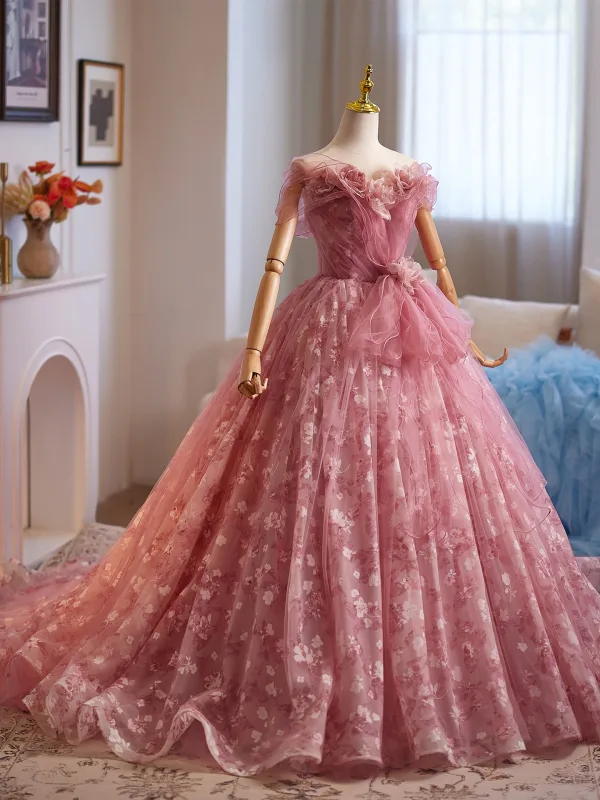 Flower Fairy Candy Pink Appliques Floral Prom Dresses 2025 Ball Gown Off-The-Shoulder Short Sleeve Backless Sweep Train Formal Dresses