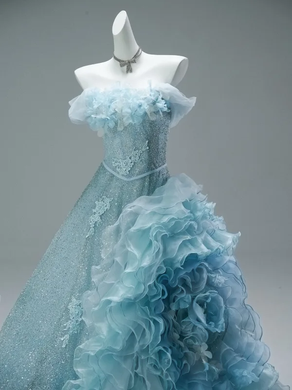 Luxus / Herrlich Bling Bling Himmelblau Handgefertigt Perlenstickerei Perle Pailletten Applikationen Sweep / Pinsel Zug Ballkleider 2025 Ballkleid Bandeau Ärmellos Rückenfreies