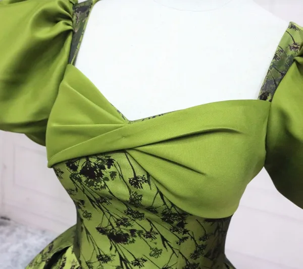Elegant Sage Green Printing Prom Dresses 2025 Ball Gown Square Neckline Puffy Short Sleeve Backless Floor-Length / Long Prom Formal Dresses