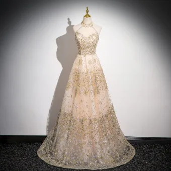 Scintillantes Champagne Faux Diamant Paillettes Robe De Bal 2024 Princesse Col Haut Sans Manches Dos Nu Longue Promo Robe De Ceremonie