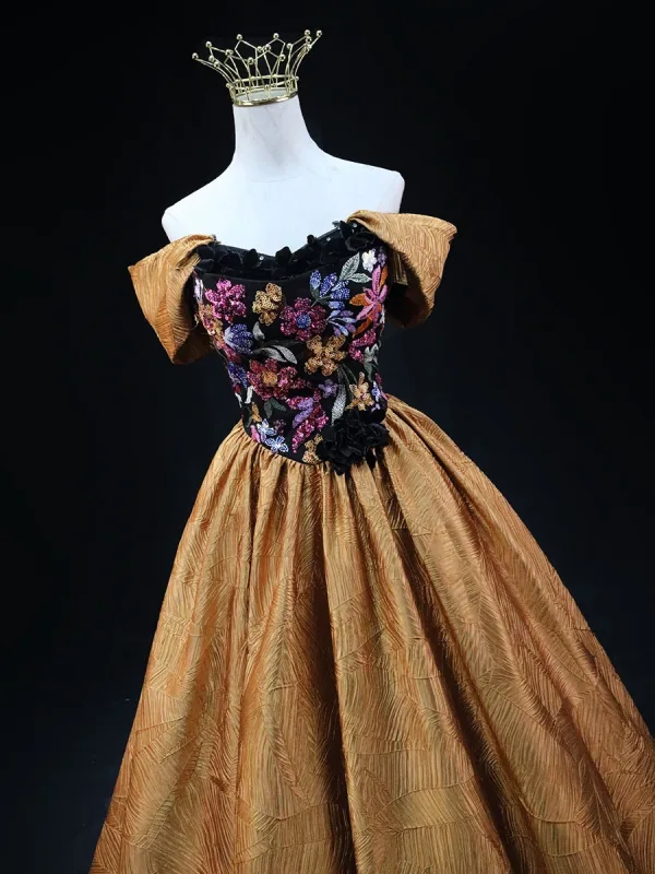 Élégant Doré Paillettes En Dentelle Fleur Robe De Bal 2025 Robe Boule De l'épaule Sans Manches Dos Nu Longue Promo Robe De Ceremonie
