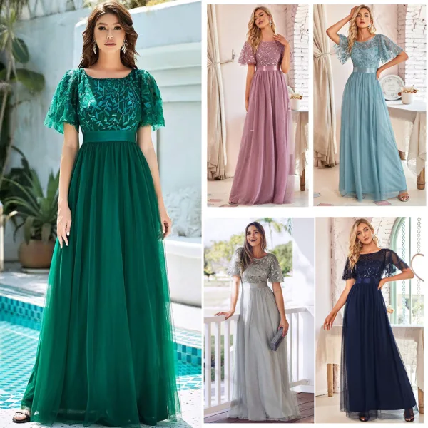 Vintage / Retro Navy Blue Lace Flower Sequins Prom Dresses 2023 A-Line / Princess Scoop Neck Short Sleeve Floor-Length / Long Prom Formal Dresses