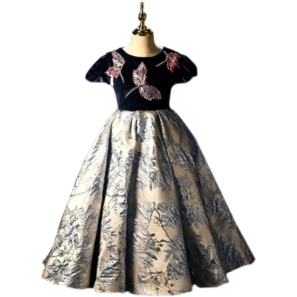 Chic / Beautiful Navy Blue Beading Sequins Birthday Flower Girl Dresses 2022 Ball Gown Scoop Neck Short Sleeve Floor-Length / Long Flower Girl Dresses