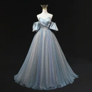 Chic Belle Bleu Ciel Perlage Perle Paillettes Robe De Bal 2025 Princesse De L Épaule Manches Courtes Dos Nu Longue Promo Robe De Ceremonie