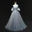 Chic / Beautiful Sky Blue Beading Pearl Sequins Prom Dresses 2025 A-Line / Princess Off-The-Shoulder Short Sleeve Backless Floor-Length / Long Prom Formal Dresses