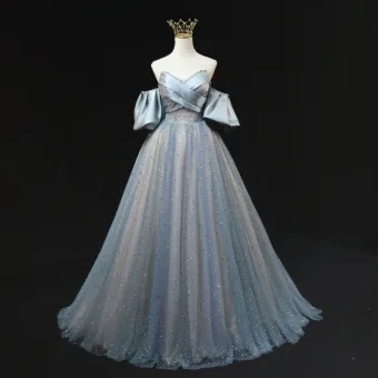 Chic Beautiful Sky Blue Beading Pearl Sequins Prom Dresses 2025 A Line Princess Off The Shoulder Short Sleeve Backless Floor Length Long Prom Formal Dresses