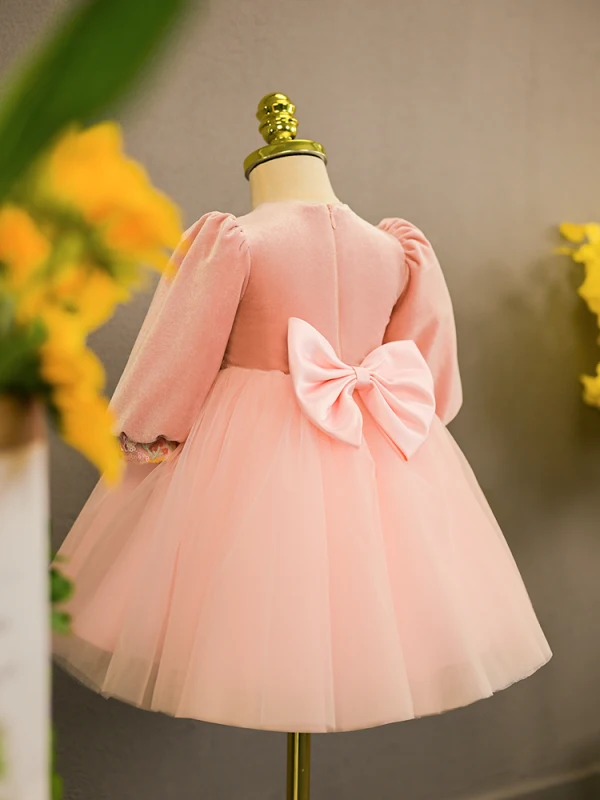 Lovely Candy Pink Sequins Short Birthday Flower Girl Dresses 2024 Ball Gown Scoop Neck Bow Short Sleeve