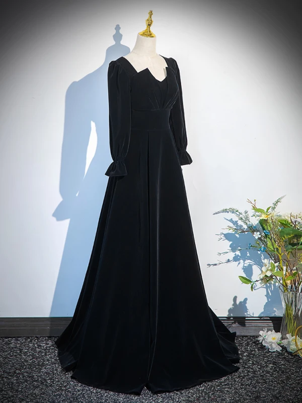 Vintage / Retro Black Winter Velvet Prom Dresses 2024 A-Line / Princess Square Neckline Long Sleeve Backless Floor-Length / Long Prom Formal Dresses Vintage / Retro Black Winter Velvet Prom Dresses 2024 A-Line / Princess Square Neckline Long Sleeve Backless Floor-Length / Long Prom Formal Dresses
