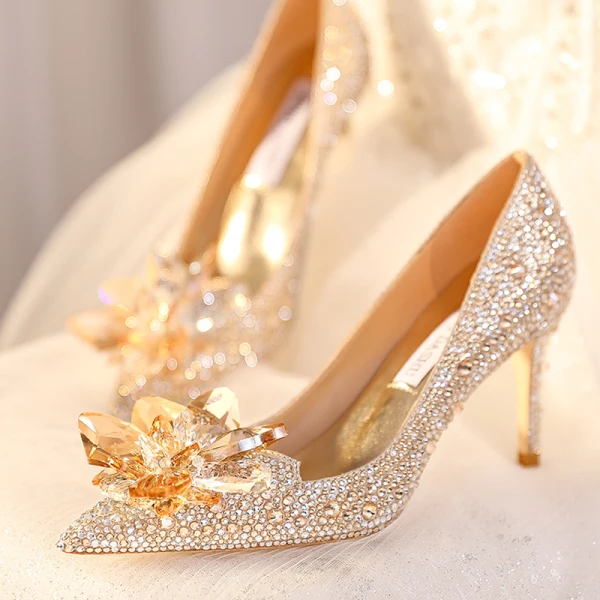Cinderella Gold Crystal Wedding Shoes 2023 Leather 8 cm Stiletto Heels Pointed Toe Wedding Pumps High Heels