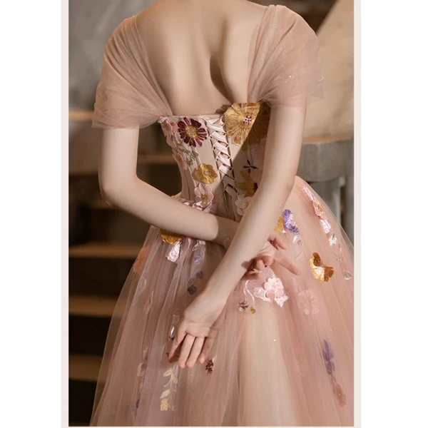 Elegant Blushing Pink Pearl Lace Flower Prom Dresses 2023 A-Line / Princess Square Neckline Short Sleeve Backless Floor-Length / Long Prom Formal Dresses