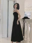 Chic / Beautiful Black Suede Prom Dresses 2022 A-Line / Princess Spaghetti Straps Sleeveless Backless Floor-Length / Long Prom Formal Dresses