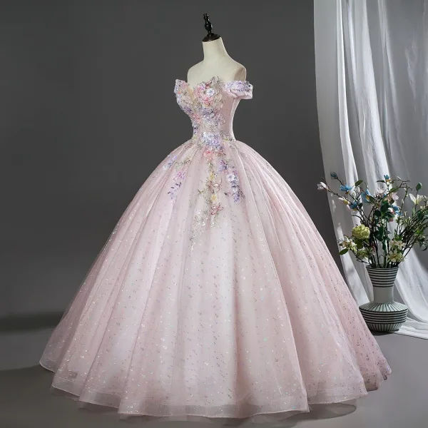 Lovely Blushing Pink Beading Sequins Lace Flower Appliques Prom Dresses 2026 Ball Gown Off-The-Shoulder Short Sleeve Backless