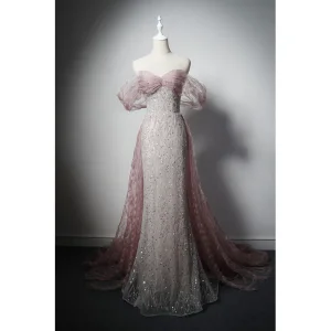 Charming Grey Blushing Pink Beading Rhinestone Sequins Evening Dresses 2022 Trumpet Mermaid Off The Shoulder Short Sleeve Backless Sweep Train Evening Party Formal Dresses