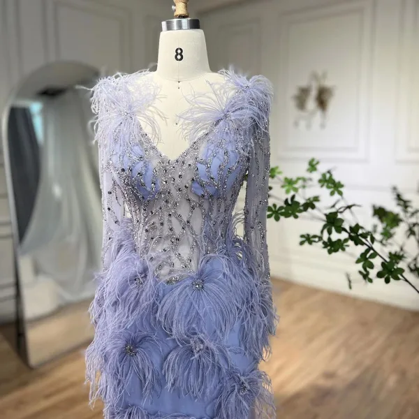 High-end Lavender Handmade  Beading Rhinestone Tassel Split Front Prom Dresses 2024 Trumpet / Mermaid V-Neck Long Sleeve Floor-Length / Long Prom Formal Dresses