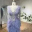High-end Lavender Handmade  Beading Rhinestone Tassel Split Front Prom Dresses 2024 Trumpet / Mermaid V-Neck Long Sleeve Floor-Length / Long Prom Formal Dresses