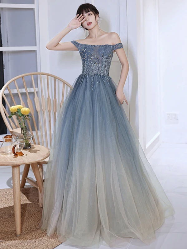 Chic / Beautiful Multi-Colors Ocean Blue Prom Dresses 2022 A-Line / Princess Off-The-Shoulder Beading Sequins Sleeveless Backless Floor-Length / Long Prom Formal Dresses
