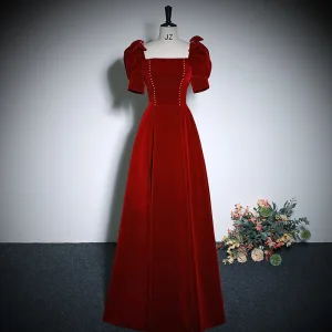 Elegant Burgundy Velvet A Line Princess Prom Dresses 2023 Square Neckline Short Sleeve Backless Floor Length Long Prom Formal Dresses