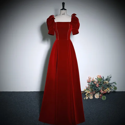 Eleganckie Burgund Aksamit Princessa Sukienki Na Bal 2023 Kwadratowy Dekolt Kótkie Rękawy Bez Pleców Długie Bal Sukienki Wizytowe