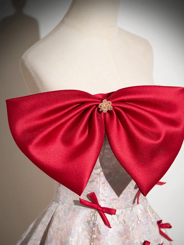Elegante Rot Schleife Drucken Ballkleider 2024 Ballkleid Bandeau Ärmellos Rückenfreies Lange Ball Festliche Kleider