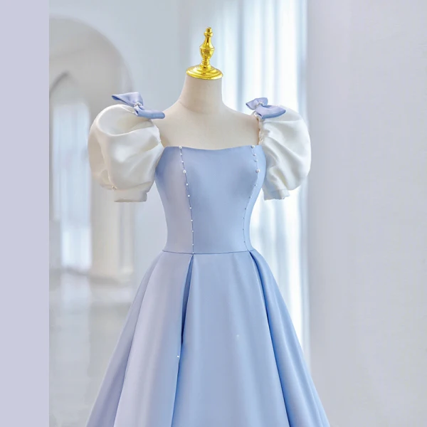 Elegant Sky Blue Pearl Prom Dresses Prom Dresses 2023 A-Line / Princess Square Neckline Puffy Short Sleeve Bow Backless Floor-Length / Long Prom Formal Dresses