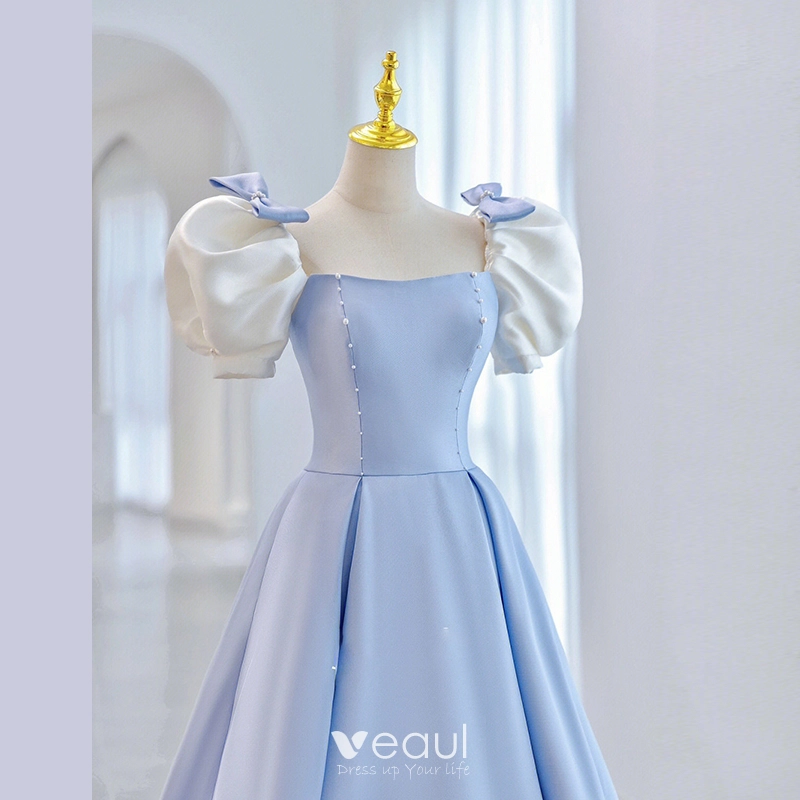 Elegant Sky Blue Pearl Prom Dresses Prom Dresses 2023 A-Line / Princess  Square Neckline Puffy Short Sleeve Bow Backless Floor-Length / Long Prom  Formal Dresses