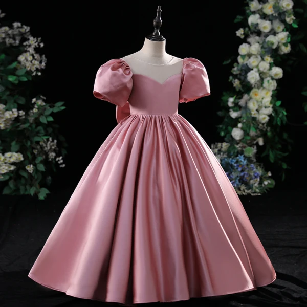 Chic / Beautiful Candy Pink Birthday Flower Girl Dresses 2022 A-Line / Princess Scoop Neck Puffy Short Sleeve Backless Bow Floor-Length / Long Flower Girl Dresses