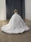 High-end Luxury / Gorgeous White Beading Pearl Rhinestone Ruffle Flower Wedding Dresses 2025 Ball Gown Strapless Sleeveless Backless Chapel Train