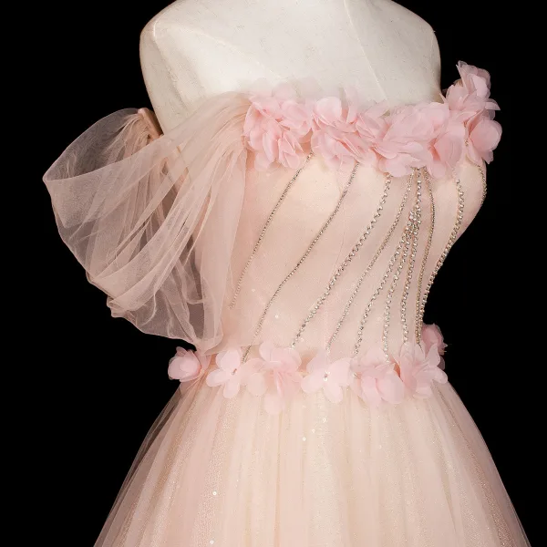 Chic / Beautiful Blushing Pink Appliques Rhinestone Prom Dresses 2025 A-Line / Princess Off-The-Shoulder Short Sleeve Backless Floor-Length / Long Formal Dresses