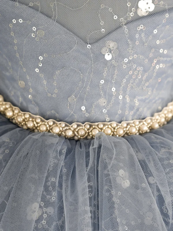 Chic / Beautiful Grey Pearl Rhinestone Sequins Short Birthday Flower Girl Dresses 2023 Ball Gown Scoop Neck Puffy Short Sleeve Tulle