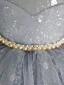 Chic / Beautiful Grey Pearl Rhinestone Sequins Short Birthday Flower Girl Dresses 2023 Ball Gown Scoop Neck Puffy Short Sleeve Tulle
