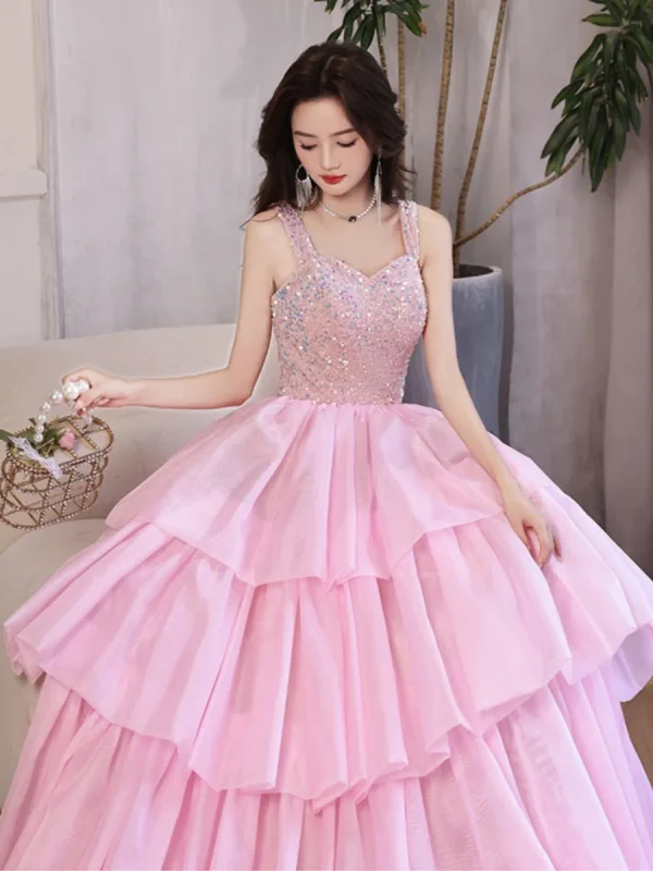 Charmant Rougissant Rose Volants en Cascade Paillettes Robe De Bal 2023 Princesse Bretelles Spaghetti Sans Manches Dos Nu Longue Robe De Ceremonie