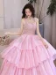 Charmant Rougissant Rose Volants en Cascade Paillettes Robe De Bal 2023 Princesse Bretelles Spaghetti Sans Manches Dos Nu Longue Robe De Ceremonie
