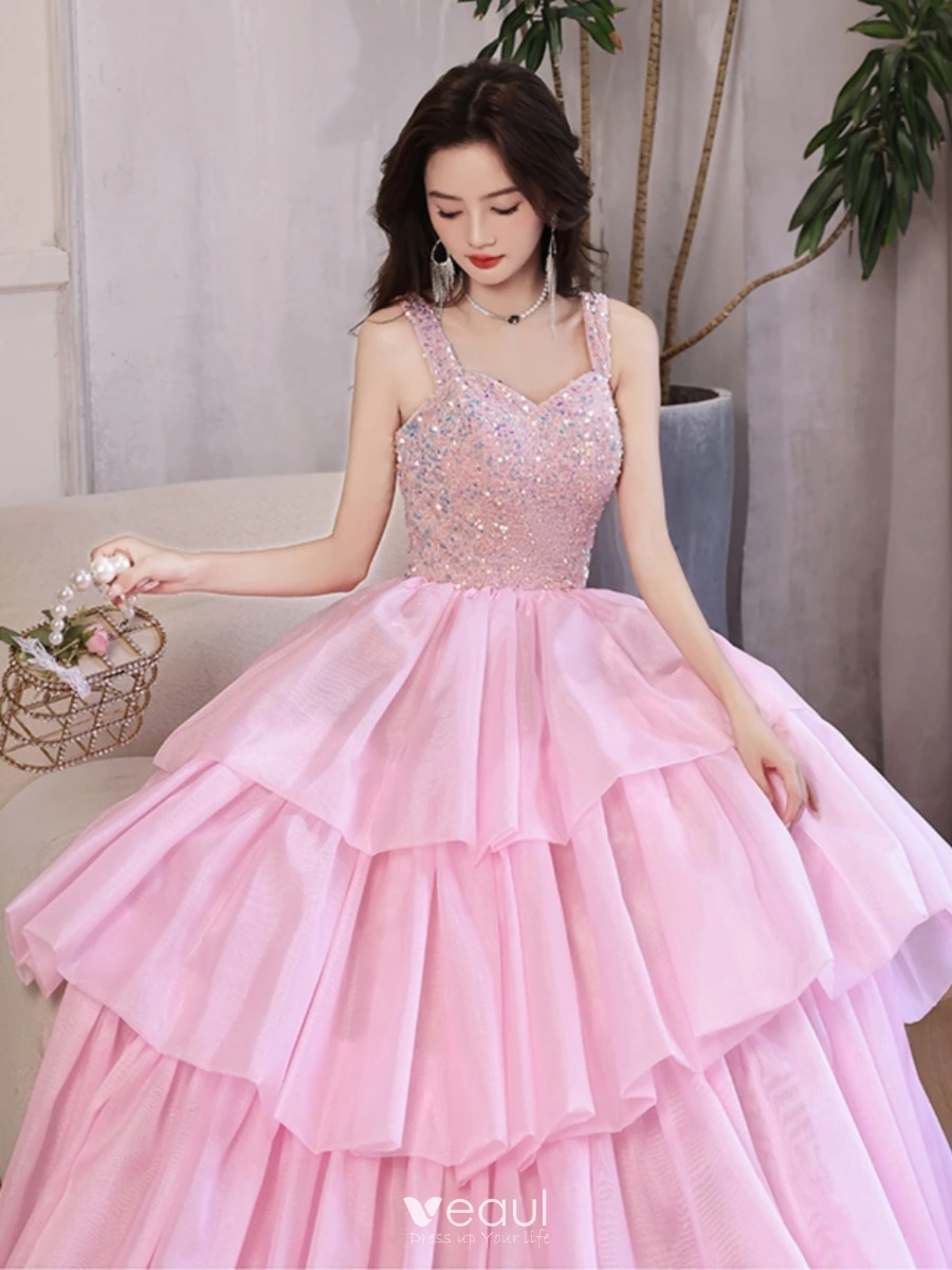 Lovely Blushing Pink Cascading Ruffles Sequins Prom Dresses 2023 A-Line / Princess Spaghetti Straps Sleeveless Backless Floor-Length / Long Formal Dresses Lovely Blushing Pink Cascading Ruffles Sequins Prom Dresses 2023 A-Line / Princess Spaghetti Straps Sleeveless Backless Floor-Length / Long Formal Dresses