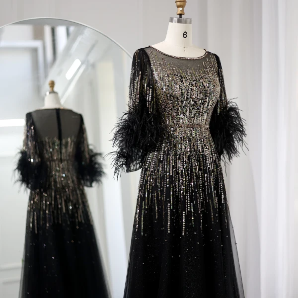High-end Black Handmade Beading Sequins Feather Prom Dresses 2024 A-Line / Princess Scoop Neck 1/2 Sleeves Floor-Length / Long Prom Formal Dresses