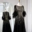 High-end Black Handmade  Beading Sequins Feather Prom Dresses 2024 A-Line / Princess Scoop Neck 1/2 Sleeves Floor-Length / Long Prom Formal Dresses