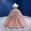 High-end Champagne Pearl Appliques Sequins Prom Dresses 2022 Ball Gown Off-The-Shoulder Short Sleeve Backless Floor-Length / Long Formal Dresses