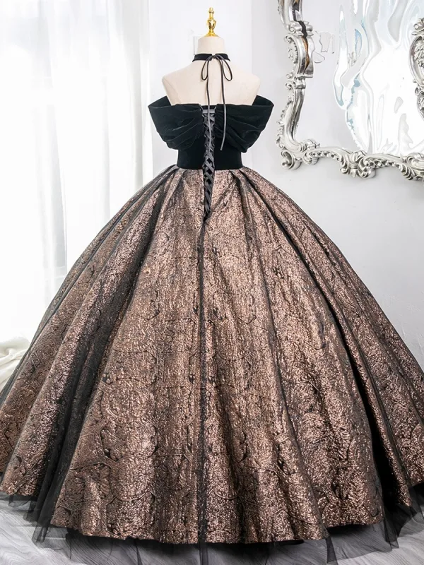 Vintage / Retro Black Glitter Prom Dresses 2024 Ball Gown Off-The-Shoulder Sleeveless Backless Floor-Length / Long Prom Formal Dresses