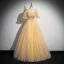 Élégant Champagne Perlage Paillettes Robe De Bal 2024 Robe Boule Encolure Carrée Manches Courtes Dos Nu Longue Promo Robe De Ceremonie