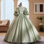 Elegant Sage Green Satin Prom Dresses 2023 Ball Gown Scoop Neck Puffy Short Sleeve Pearl Bow Backless Floor-Length / Long Prom Formal Dresses