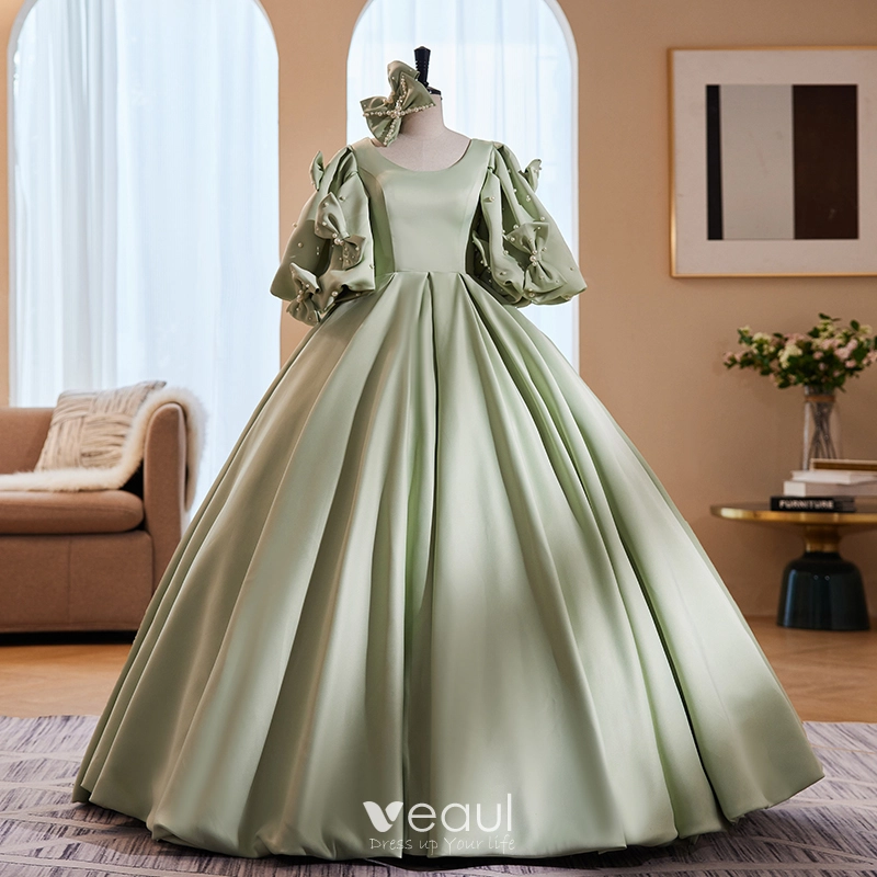 Floor Length Satin Green Short Sleeve Prom Dress Floor Length Satin Green Short Sleeve Prom Dress