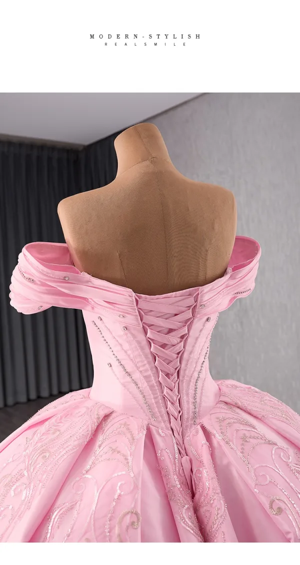 Schön Rosa Handgefertigt Strass Pailletten Brautkleider / Hochzeitskleider 2024 Ballkleid Off Shoulder Kurze Ärmel Rückenfreies Kapelle-Schleppe Hochzeit